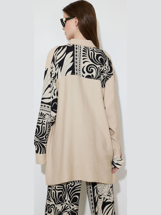 Women's Long Sleeve Shirt Beige/ Black