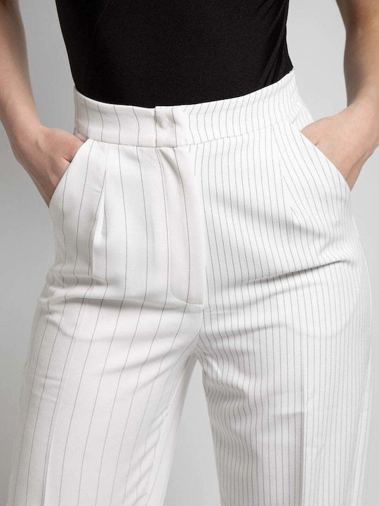 Dama Talie înaltă Tesatura Pantaloni cu Croială Dreaptă Cu dungi White