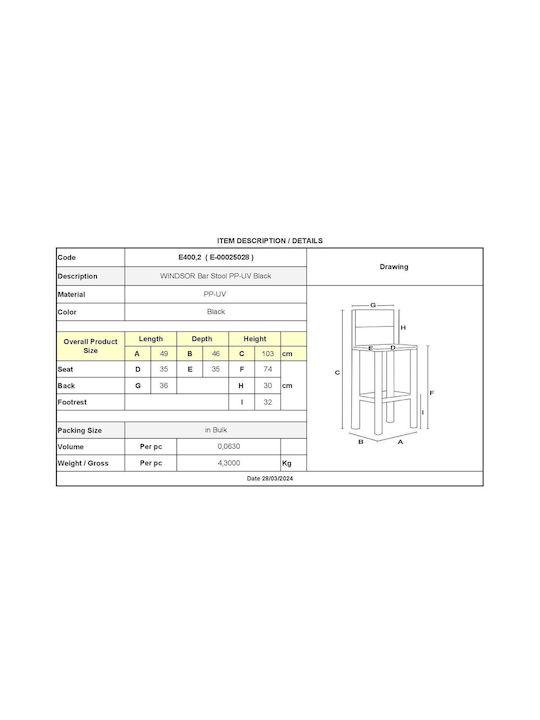Σκαμπό Μπαρ από Πολυπροπυλένιο Windsor Μαύρο 49x46x103cm Σκαμπό Μπαρ από Πολυπροπυλένιο Windsor Μαύρο 49x46x103cm