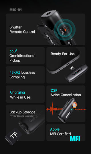 Hohem MIC-01 Type-C Ασύρματο Δυναμικό Μικρόφωνο Πέτου, Clip On για Φωνητικά