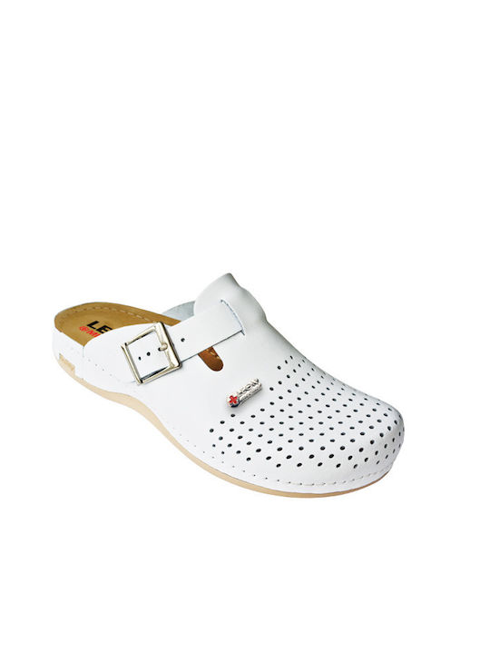 Leon Medikal Leather Anatomic Clogs White