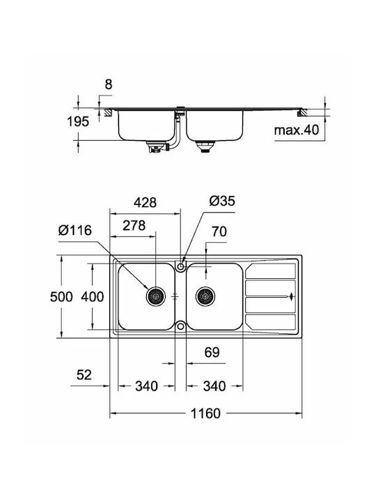 Grohe K 500 Ένθετος Νεροχύτης Inox Σατινέ Μ116xΠ50cm Ασημί