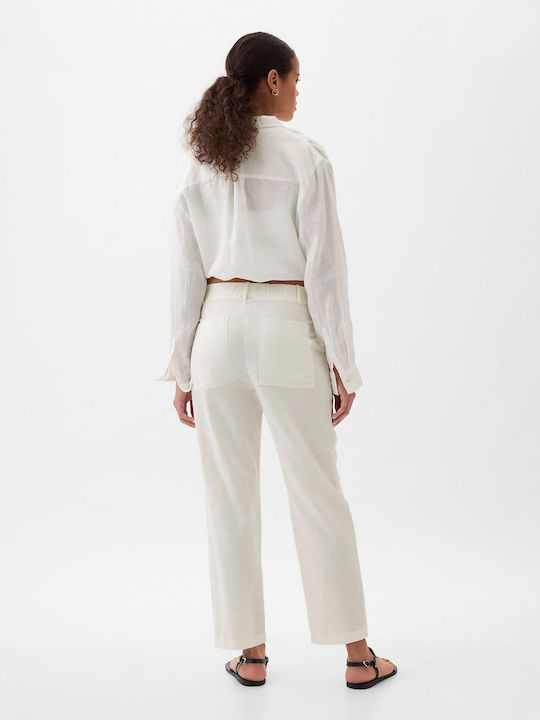 Women's High-waisted Linen Trousers with Elastic White