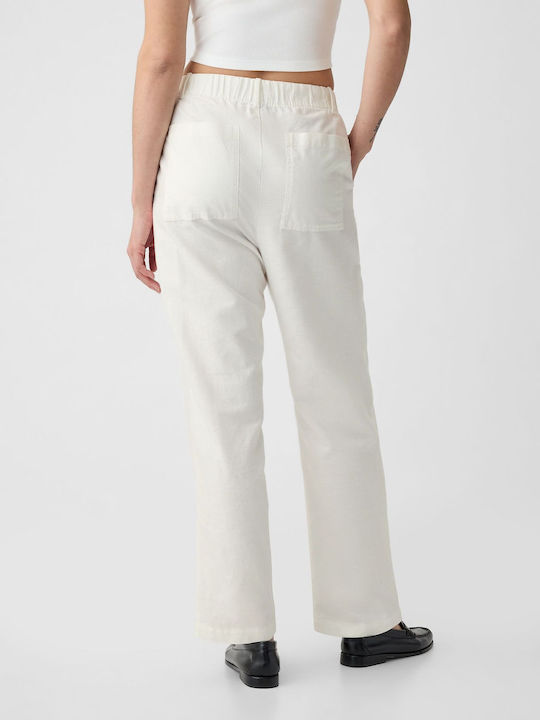 Women's High-waisted Linen Trousers with Elastic White