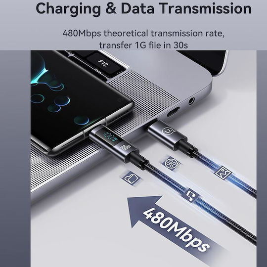 Usams Digital Display USB 2.0 Cable USB-C male - USB-C 100W PD Μαύρο 1.2m US-SJ671