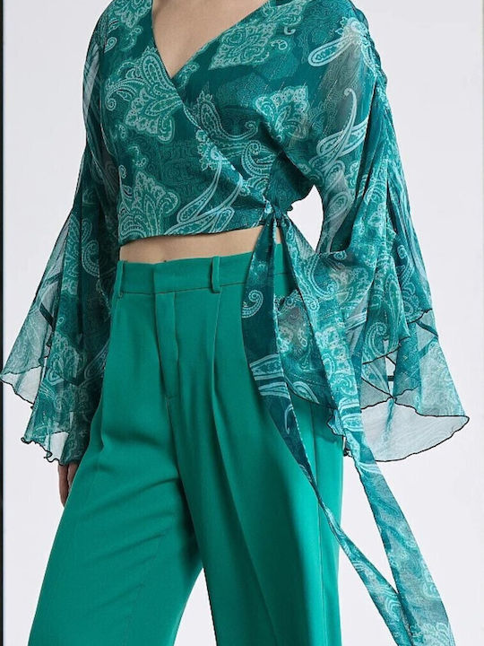 Γυναικείο Crop Top Μακρυμάνικο με V Λαιμόκοψη Πετρόλ