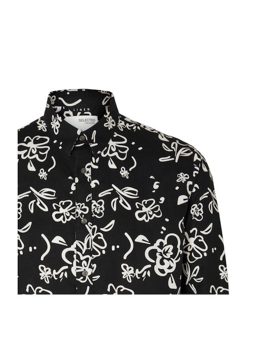 Selected Men's Shirt Long Sleeve Linen Floral Black