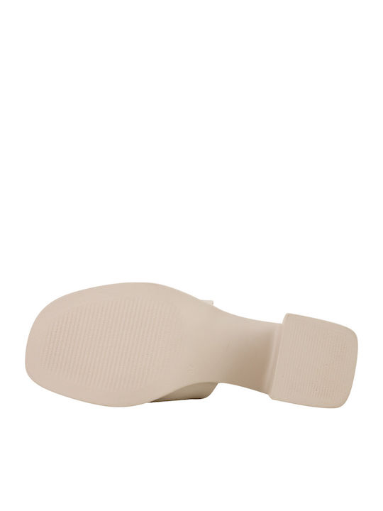 Merrion Leather Mules with Chunky Heel in Ecru Color