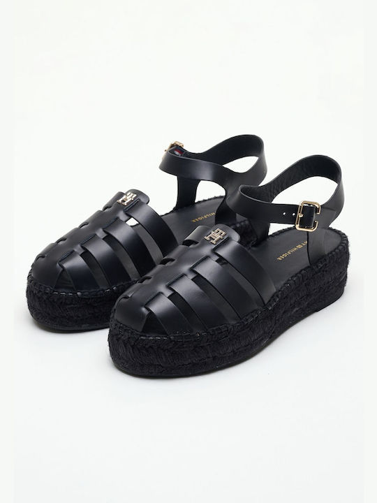 Δερμάτινα Γυναικεία Σανδάλια Flatforms Μαύρα