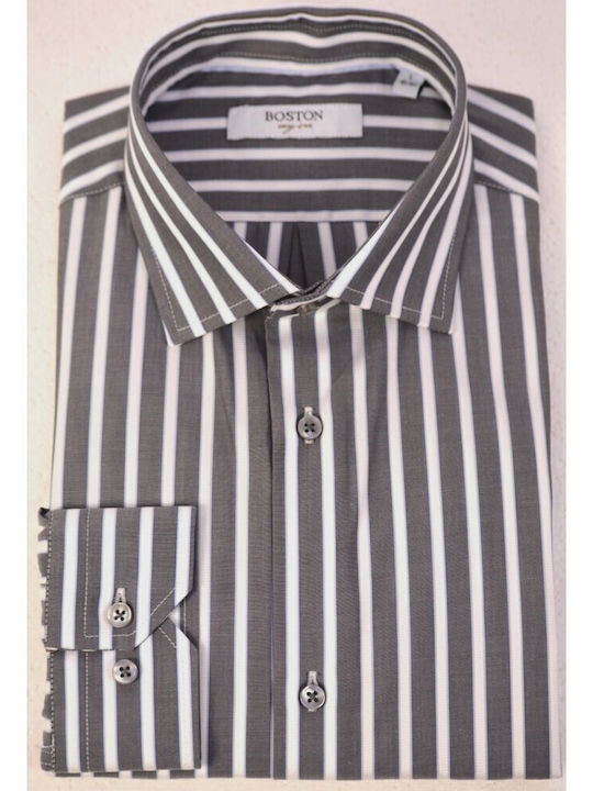 Boston Men's Shirt Long Sleeve Cotton Striped Grey