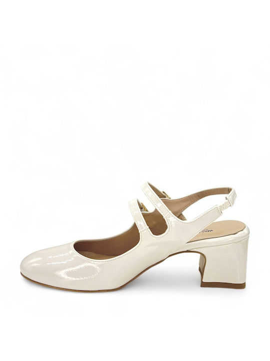 Wall Street Leather Beige Heels with Strap