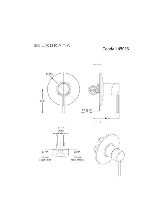 Eurorama Tonda Built-in Faucet Mixer for Shower 3 Exits Silver
