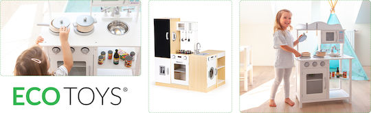 Ecotoys Ξύλινη Κουζίνα XXXL Με Ψυγείο,Πλυντήριο Πιάτων,Led & Μεταλλικά Αξεσουάρ από Ξύλο για 3+ Ετών