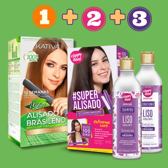 Kativa Vegan Straightening Kit 225ml, Straightening Kit By Kativa 80ml & Post Treatment Shampoo & Conditioner 340ml Σετ Θεραπείας Κερατίνης για Ίσιωμα για Φριζαρισμένα Μαλλιά με Σαμπουάν & Conditioner