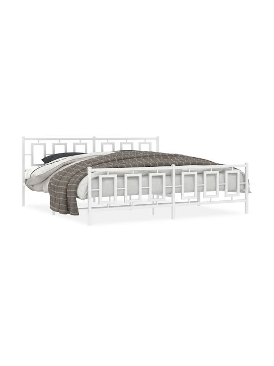 Bed King Size Metal White with Slats for Mattress 193x203cm