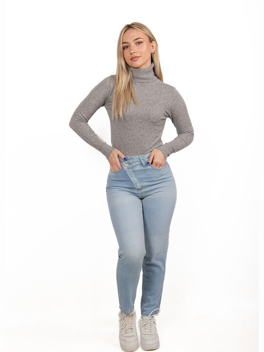 High-waisted Crooked Button Denim Trousers