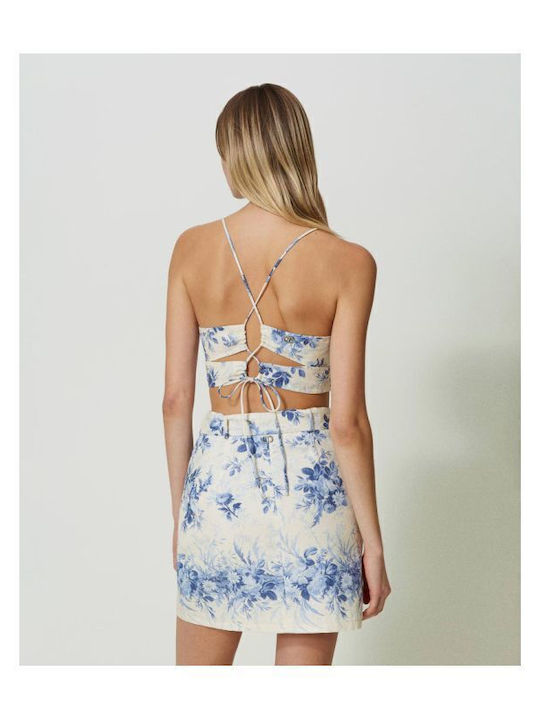 Leinen Hoch tailliert Mini Rock Blumen Blau