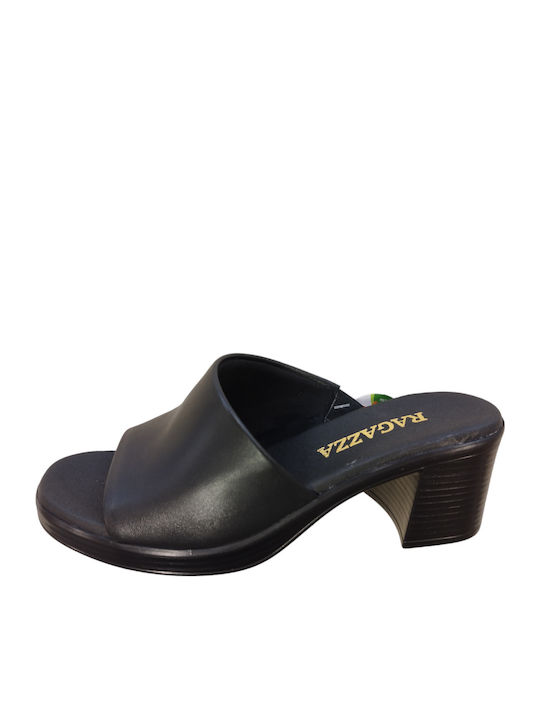Leather Mules with Chunky Low Heel in Black Color