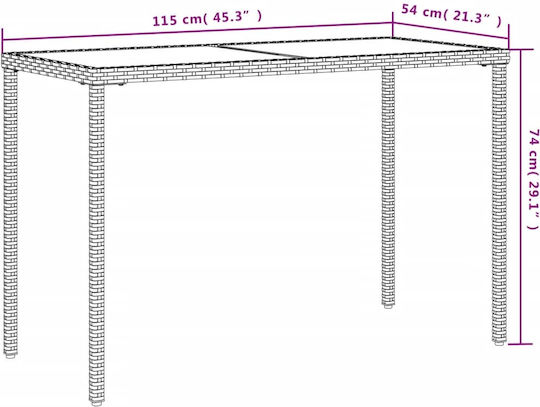 Masa pentru spații exterioare Rattan cu suprafață din sticlă Gri 115x54x74buc