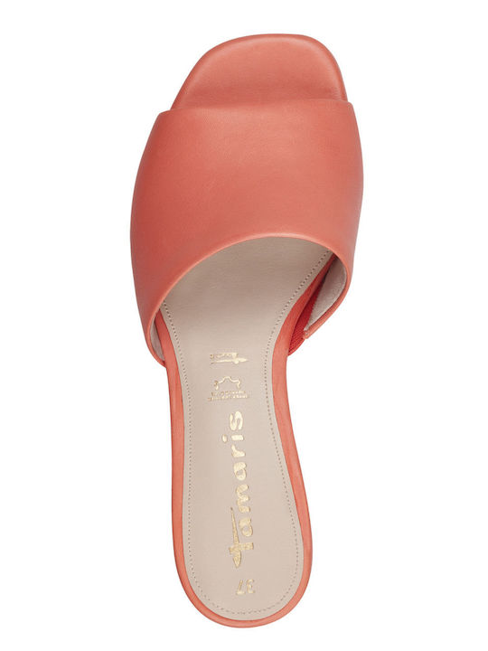 Leather Mules with Chunky Low Heel in Orange Color