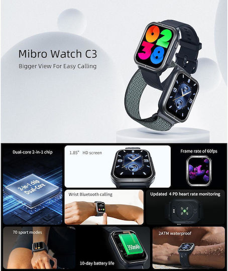 Mibro C3 Smartwatch με Παλμογράφο (Μαύρο)