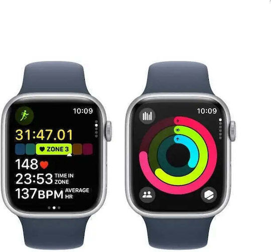 Apple Apple Watch Series 9 Aluminium 45mm Waterproof with Heart Rate Monitor (Silver with Storm Blue Sport Band - S/M)