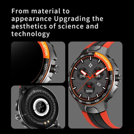 Aoke E15 44mm Smartwatch with Heart Rate Monitor (Black Case / Black-Orange Silicone Strap)
