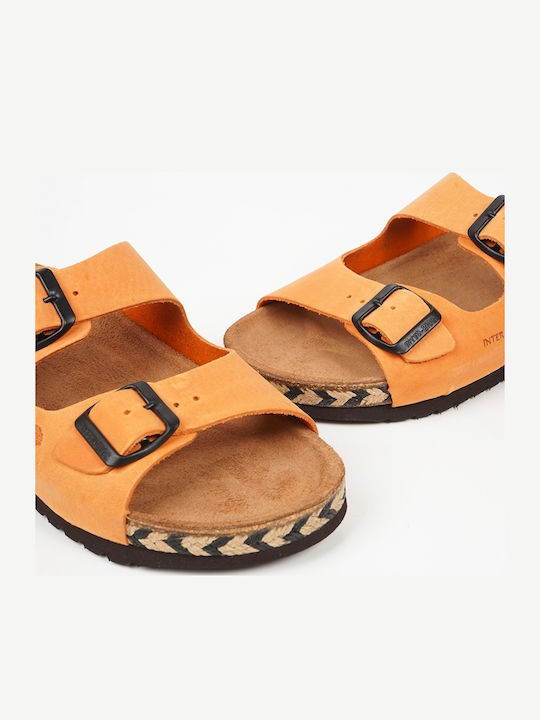Leather Women's Flat Sandals in Orange Color