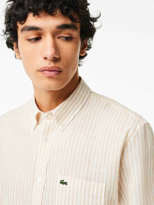 Lacoste Men's Shirt Long Sleeve Linen Striped Beige