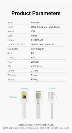 Vention Плоски Телефонен кабел RJ11 6P4C 5м Бял (IQBWJ)