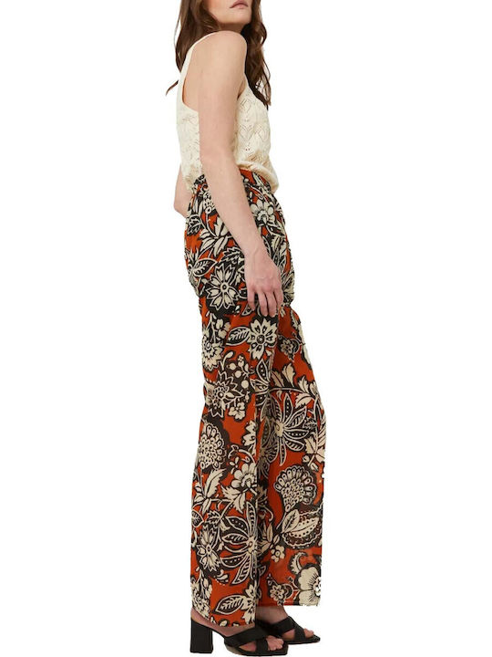 Damen Stoff Hose mit Gummizug Blumen Orange