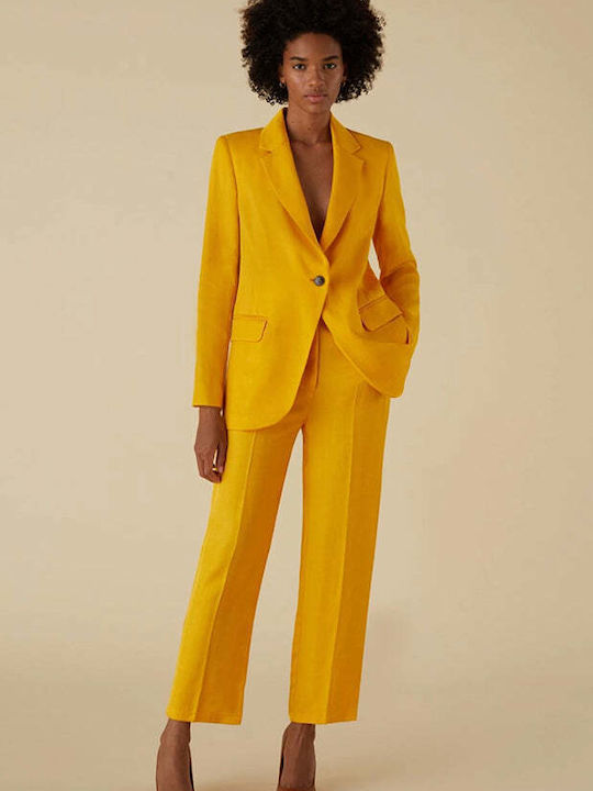 Marella Damen Hoch tailliert Leinen Hose in Normaler Passform YELLOW