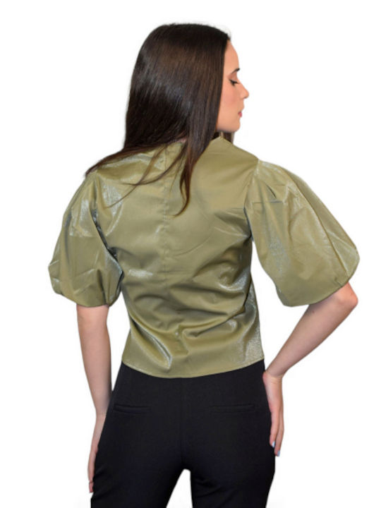 Morena Spain Women's Blouse Satin Short Sleeve with Zipper Green