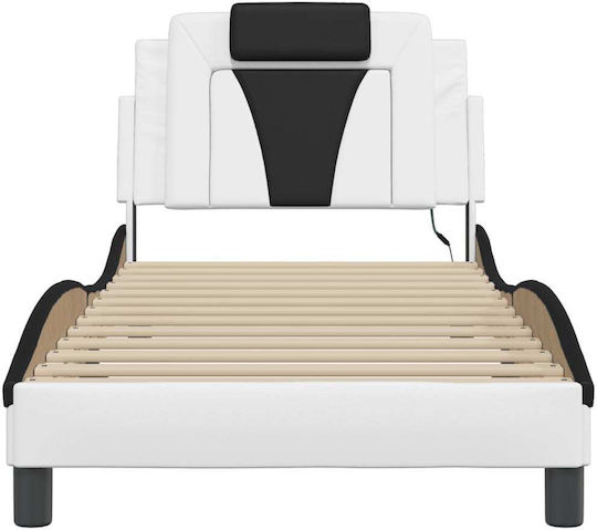 Single Bed Upholstered with White Faux Leather with Slats for 90x190cm Mattress