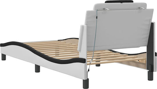 Single Bed Upholstered with White Faux Leather with Slats for 90x190cm Mattress