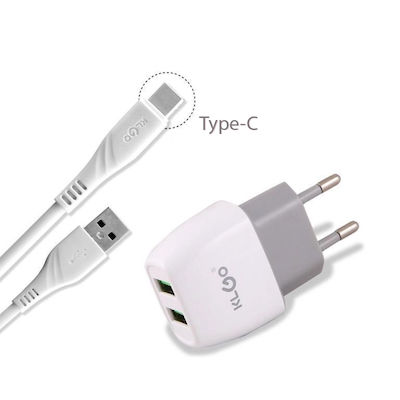 KLGO Charger with 2 USB-A Ports and Cable USB-C White (KC-8T)