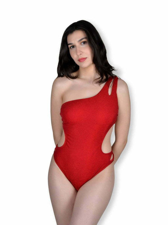 Sun One-Piece Swimsuit with One Shoulder Red