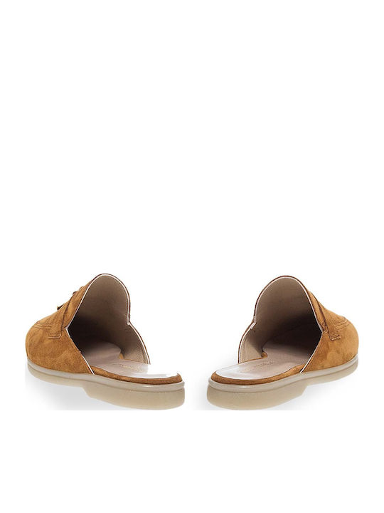 Leder Mules mit Absatz in Tabac Braun Farbe