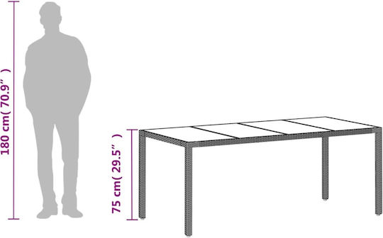Outdoor Dinner Free Standing Table with Glass Surface and Rattan Frame Gray 190x90x75cm