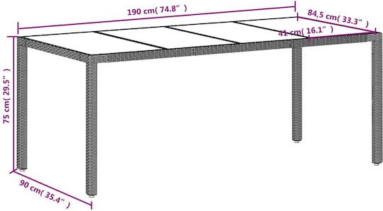 Outdoor Dinner Free Standing Table with Glass Surface and Rattan Frame Gray 190x90x75cm