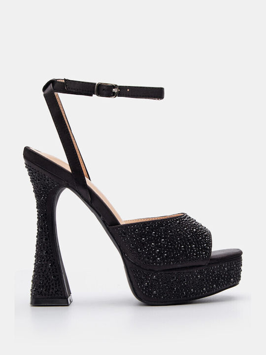 Luigi Platform Fabric Women's Sandals with Strass & Ankle Strap Black with Low Heel