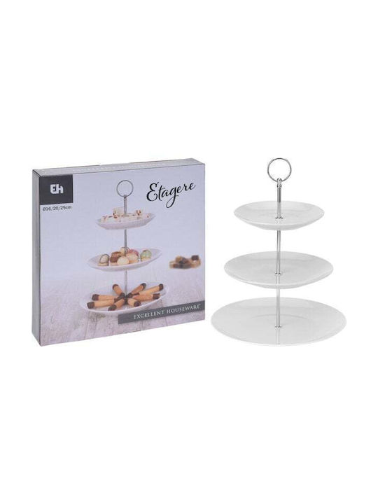 Excellent Houseware Ornterviera cu trei etaje din porțelan Platou pentru aperitive 3 Locuri cu Suport din Porțelan Albă Ø26.5cm L26.5xl26.5cm 1buc
