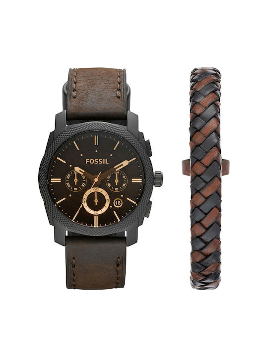 Fossil Machine Watch Chronograph Battery with Black Leather Strap