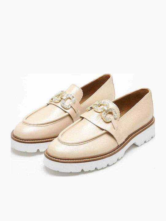 Δερμάτινα Γυναικεία Loafers σε Μπεζ Χρώμα