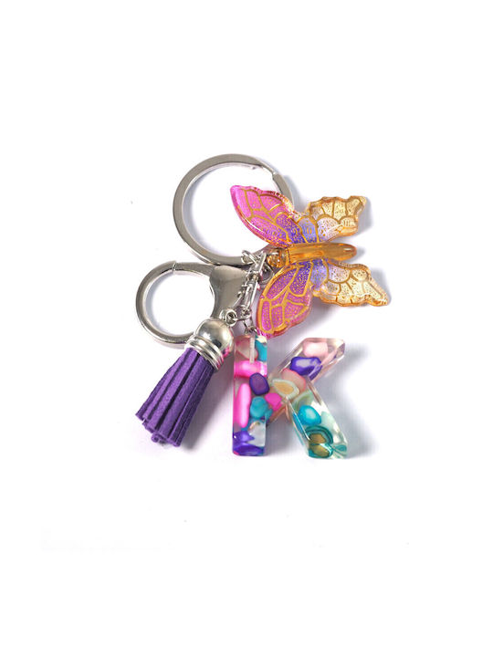 Large Monogram Keychain Liquid Glass Glitter Chips 26×22~40mm & Acrylic Butterfly 34x39mm & Purple Suede Tassel 35x10mm Silver Metal Clasp