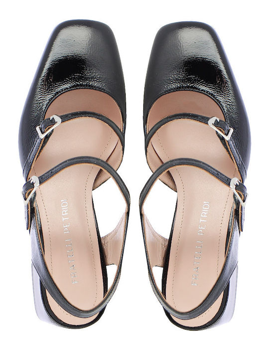 Leather Black Medium Heels with Strap