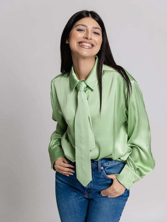 Lumina Women's Satin Long Sleeve Shirt Green