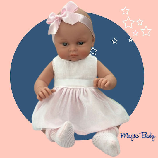 Magic Baby Κούκλα "alicia Λευκό Φόρεμα Μεγάλο Ροζ Φιόγκο"