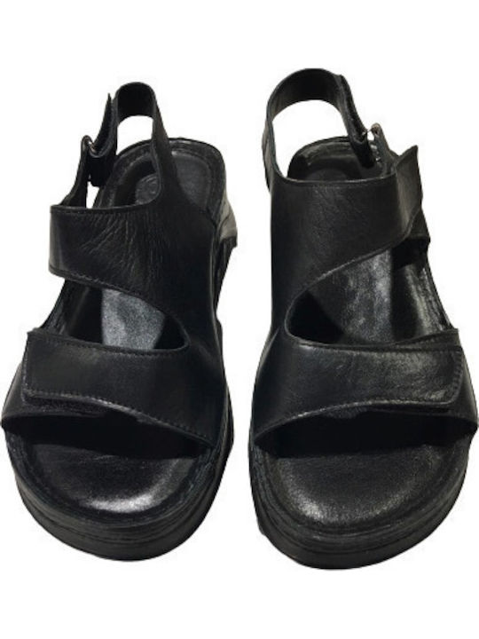 Black leather velcro leather sandals Height 3,5cm