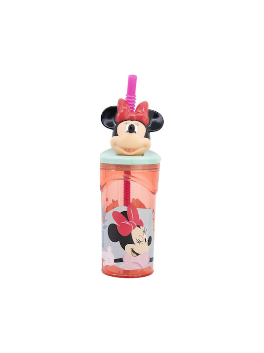 Minnie Mouse Glas Wasser aus Plastik in Rosa Farbe mit Strohhalm 360ml